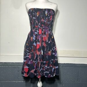 Broadway and Broom strapless colorful cocktail dress, purple, red, yellow black